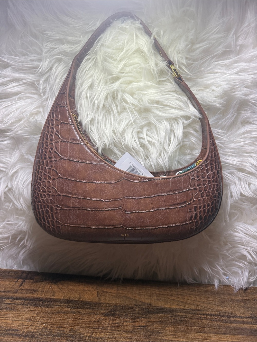 JW PEI Brown Croc-Embossed Shoulder Bag with Gold Hardware